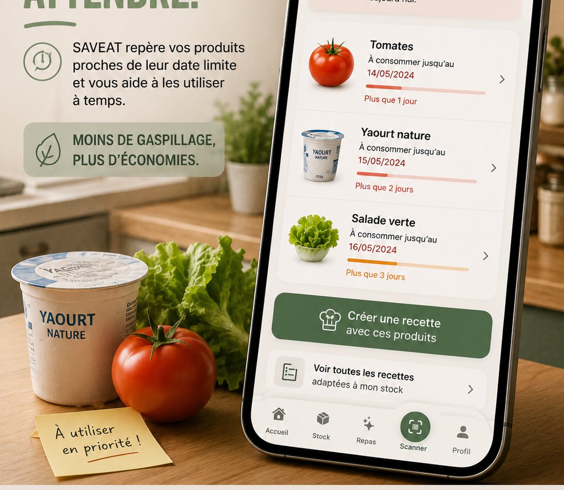 Tomate et yaourt sur un plan de travail avec l'écran À sauver de SAVEAT et son compte à rebours