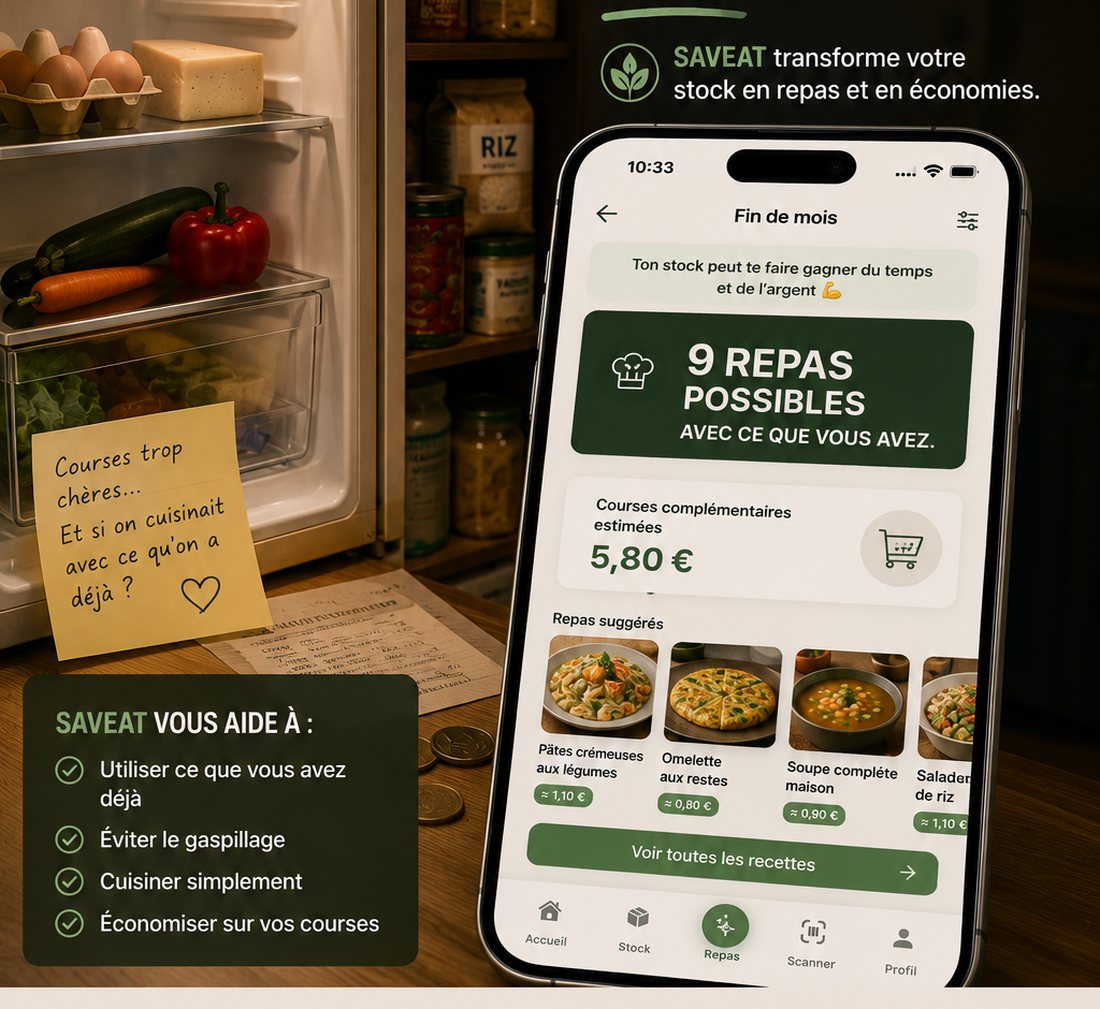 Frigo ouvert et écran Fin de mois de SAVEAT proposant 9 repas possibles pour 5,80 € de courses complémentaires