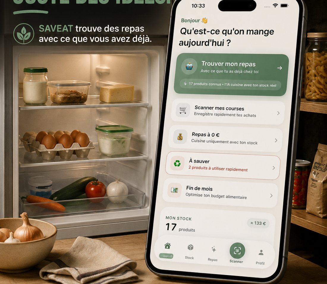 Frigo ouvert et écran d'accueil de l'application SAVEAT proposant de trouver un repas avec le stock disponible