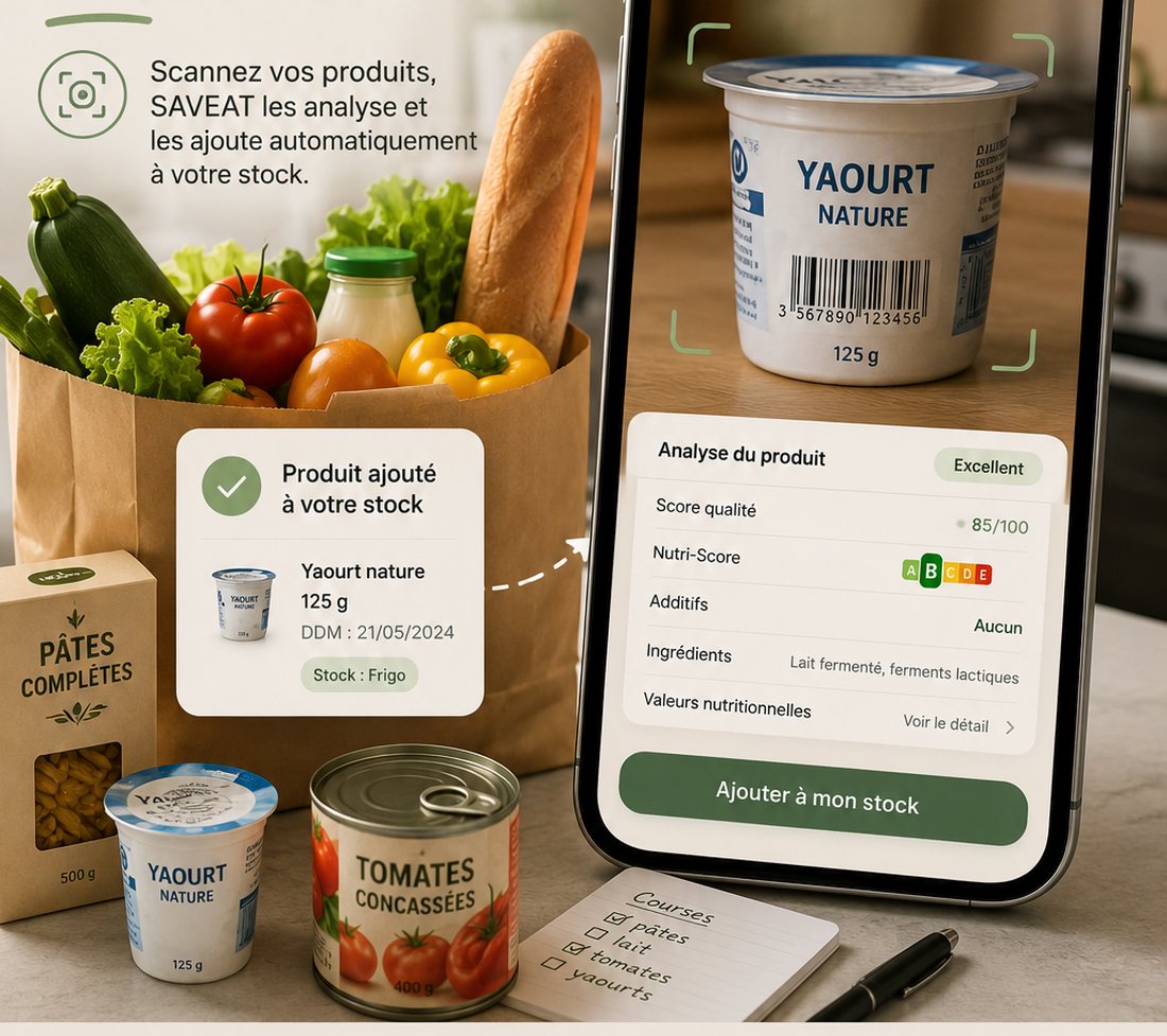 Sac de courses et écran de scan SAVEAT analysant un yaourt : score qualité, Nutri-Score et additifs