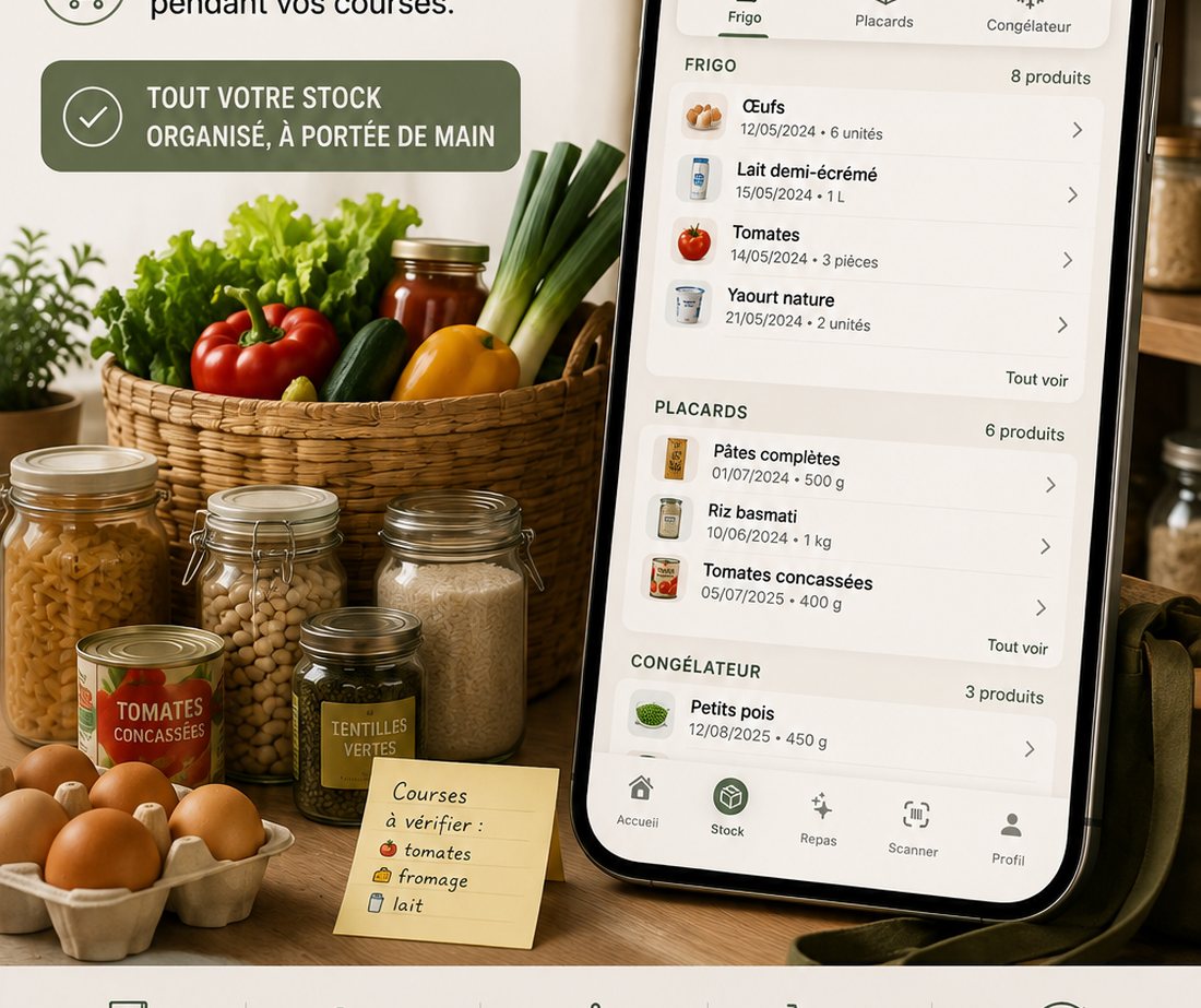 Panier de légumes, bocaux et écran Mon stock de SAVEAT classé par Frigo, Placards et Congélateur
